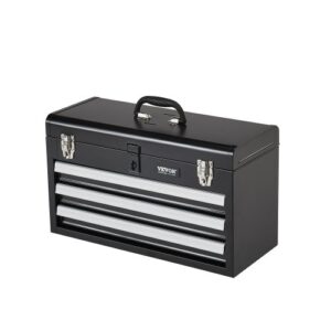 Caja de Herramientas Portátil de Metal 520 x 218 x 304 mm, Cofre de Herramientas Pequeño con 3 Cajones y Revestimiento de EVA, Cajones Deslizantes con Cojinetes de Bolas con Cerradura, Negro