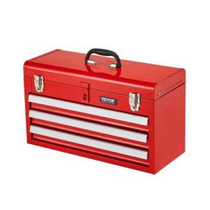 Caja de Herramientas Portátil de Metal 520 x 218 x 304 mm, Cofre de Herramientas Pequeño con 3 Cajones y Revestimiento de EVA, Cajones Deslizantes con Cojinetes de Bolas con Cerradura, Rojo