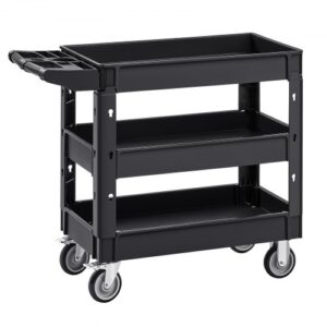 Carro de Servicio de 3 Niveles Carro de Transporte Utilitario PP Capacidad Total de 249kg 83 kg/Estante Ruedas Giratorias (2 con Frenos) Mango Ergonómico para Herramientas Garaje Almacén Oficina