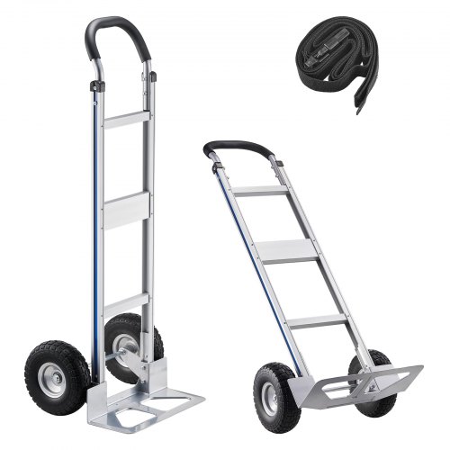 Carretilla de Mano, Capacidad de Carga de 227 kg, Resistente, con Asa, de Aleación de Aluminio y Correa de Amarre, Apilable para Mudanzas, Oficinas y Almacenes, 480 x 500 x 1340 mm, Plata
