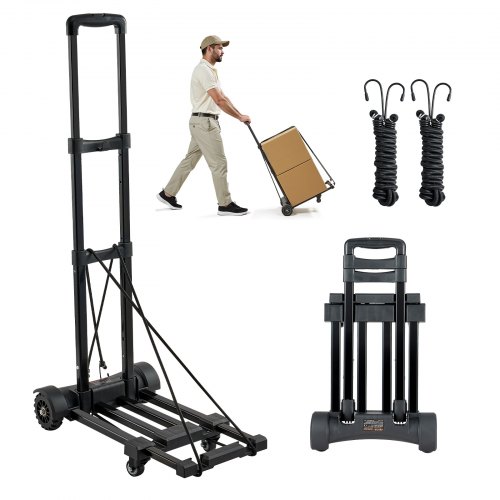 Carretilla de Mano Plegable, Carrito de Equipaje Plegable con 4 Ruedas, 2 Cuerdas Elástica y Base Expandible Carga de 131,5 kg para Equipaje de Viaje, Aeropuerto, Oficina, Mudanza, Negro