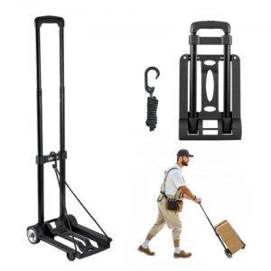 Carretilla de Mano Plegable, Carrito de Equipaje Plegable con 2 Ruedas y 1 Cuerda Elástica Carrito de Plataforma Utilitario Carga de 49,9 kg para Equipaje de Viaje, Aeropuerto, Mudanza, Negro