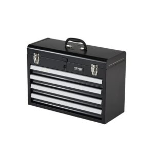 Caja de Herramientas Portátil de Metal 520 x 218 x 361 mm, Cofre de Herramientas Pequeño con 4 Cajones y Revestimiento de EVA, Cajones Deslizantes con Cojinetes de Bolas con Cerradura, Negro