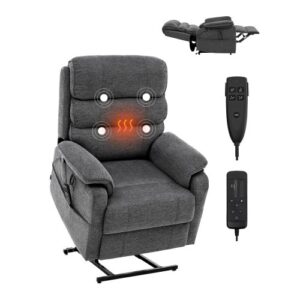 Sillón Reclinable Eléctrico con Motor Doble y 2 Cuerdas Anticaída, Sillón Elevador con Calefacción y Masaje para Personas Mayores, Ajuste de Posición Infinito, Tamaño Mediano, Gris Oscuro