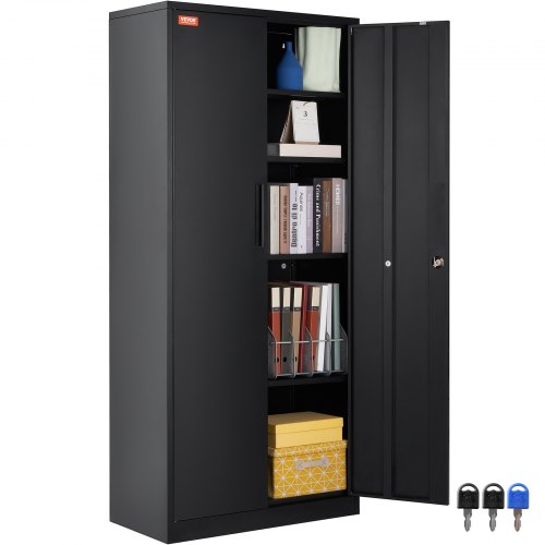Gabinete de metal, gabinete con cerradura de acero con 2 puertas magnéticas y 4 estantes ajustables, gabinete de metal de 180,34 cm, capacidad de 90,7 kg por estante con 3 llaves
