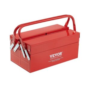 Caja de Herramientas Portátil Plegable de Metal 355,6 x 200 x 165 mm de 2 Niveles y 3 Bandejas con Asa y Orificio para Cerradura, Caja de Herramientas para Almacén, Taller de Reparación, Rojo