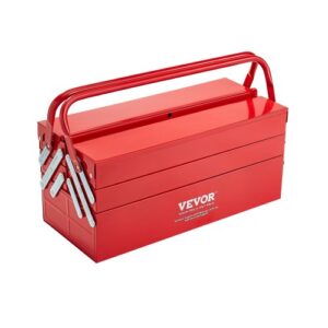 Caja de Herramientas Portátil Plegable de Metal 457,2 x 200 x 215 mm de 3 Niveles y 5 Bandejas con Asa y Orificio para Cerradura, Caja de Herramientas para Almacén, Taller de Reparación, Rojo