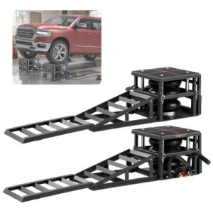 Elevadores Portátiles para Coches, 2 Unidades, Capacidad de 5 T, Altura Máxima de Elevación de 32 cm, con Suspensión Neumática, Calzos para Ruedas, Rampas Extensibles y Columnas Elevadas