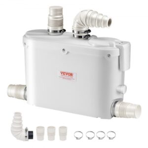 500 W Bomba Trituradora de 420 x 140 x 270 mm con 4 Entradas de Agua, Caudal de 29 GPM, Altura de 8 m, Máquina de Descarga Ascendente para Eliminación de Aguas Residuales para Cocina, Bañera