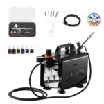Kit de Aerógrafo con Compresor de Aire 1/6 HP, 1 Aerógrafo de Doble Acción con 3 Boquillas, Manguera, Pinturas Acrílicas, Kit de Pintura para Decoración de Tartas, Maquetas, Uñas, Coches