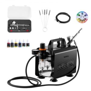 Kit de Aerógrafo con Compresor de Aire 1/6 HP, 1 Aerógrafo de Doble Acción con 3 Boquillas, Manguera, Pinturas Acrílicas, Kit de Pintura para Decoración de Tartas, Maquetas, Uñas, Coches