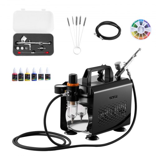 Kit de Aerógrafo con Compresor de Aire 1/6 HP, 1 Aerógrafo de Doble Acción con 3 Boquillas, Manguera, Pinturas Acrílicas, Kit de Pintura para Decoración de Tartas, Maquetas, Uñas, Coches