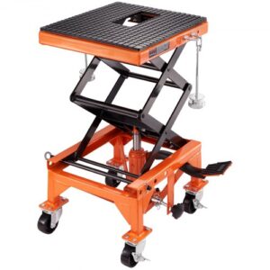 Plataforma Elevadora para Motocicletas 41,5 x 35 cm Elevador de Motos Hidráulicos de Tijera Capacidad de 258 kg Mesa Elevadora con 2 Ruedas Elevación de 340 905 mm para Taller Garaje, Naranja