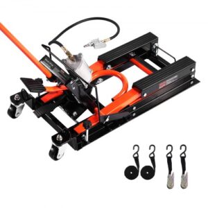 Gato Hidráulico y Neumático para Motocicleta, Carga 680 kg, Rango de Altura 119 a 381 mm, con Rampa Extraíble y 2 Ruedas para Vehículos Todo Terreno y Motos de Cross, 1050 x 360 x 890 mm