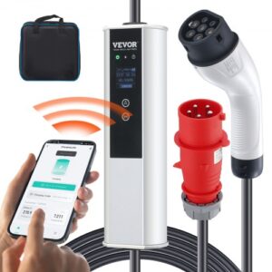 Cargador Portátil para Vehículos Eléctricos Tipo 2 IEC6219 Cargador para Coche Eléctrico 32 A 7,36 kW Monofásico 22 kW Cable de Carga Trifásico 7,5 m CEE 32 Enchufe LCD IP66 con Bolsa Gancho
