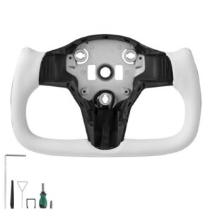 Volante para Tesla Model 3 de 2016–2023, Volante en Forma de D de Fibra de Carbono, Achatado en la Parte Inferior, con Función de Calefacción, Empuñadura de Cuero Antideslizante, Blanco