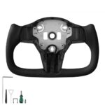 Volante para Tesla Model 3 de 2016–2023, Volante en Forma de D de Fibra de Carbono, Achatado en la Parte Inferior, con Función de Calefacción, Empuñadura de Cuero Antideslizante, Negro