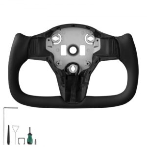 Volante para Tesla Model 3 de 2016–2023, Volante en Forma de D de Fibra de Carbono, Achatado en la Parte Inferior, con Función de Calefacción, Empuñadura de Cuero Antideslizante, Negro