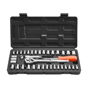 Juego de Vasos de 9,5 y 6,4 mm, Tamaños SAE y Métricos, con Accesorios de Llave de Trinquete y Estuche de Transporte, Acero Aleación CR-V, 39 uds, Reparación Automóviles, 315 x 148 x 41 mm