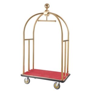 Carro de Equipaje para Hotel, Carga de 500 kg, Carrito de Botones con Montantes Curvos, Plataforma Alfombrada Roja y Ruedas de Goma para Hoteles, Condominios y Complejos Turísticos, Dorado