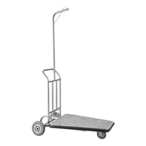 Carro de Equipaje, Carga de 272 kg, Carro de Botones de 3 Ruedas de Acero Inoxidable con Plataforma Alfombrada Gris y Ruedas de Goma, Ideal para Centros de Convenciones, Hoteles, Plateado