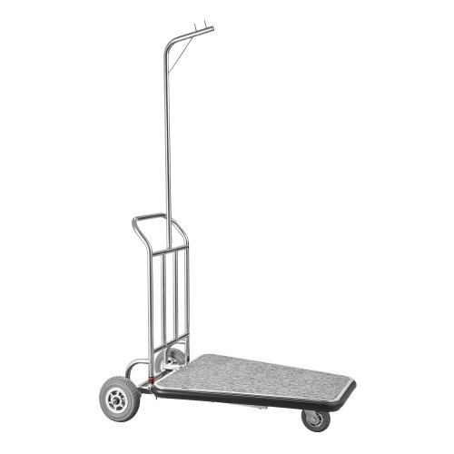Carro de Equipaje, Carga de 272 kg, Carro de Botones de 3 Ruedas de Acero Inoxidable con Plataforma Alfombrada Gris y Ruedas de Goma, Ideal para Centros de Convenciones, Hoteles, Plateado