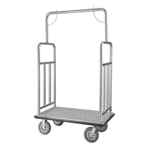 Carro de Equipaje para Hotel, Acabado en Acero Inoxidable Cepillado, Carga de 544 kg, Carrito de Botones con Plataforma Alfombrada Gris y Ruedas de Goma, para Hoteles, Condominios, Plateado
