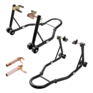 Soporte de Rueda Delantera y Trasera 0,39 T Carga Soporte de Taller con Brazo Ajustable Soporte de Rueda de Acero Elevador de Motocicleta U + L Doble Cabezal para Reparación Mantenimiento