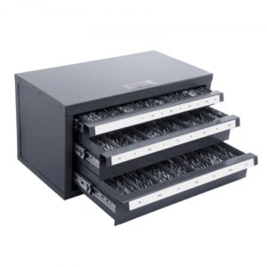 Dispensador de Brocas 29 Compartimentos Etiquetados Caja de Almacenamiento de Brocas 1 13 mm con 3 Cajones Estuche de Taladro Vacío 37,5x20x20 cm Apilable Fácil Identificación para Taller Brocas