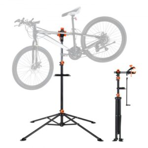 Soporte Plegable para Taller de Bicicletas Carga de 36,3 kg Soporte de Reparación de Bicicletas Ajustable en Altura, Abrazadera Giratoria de 360° con Soporte para Herramientas para Mantenimiento