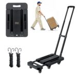 Carretilla de Mano Plegable, Carrito de Equipaje Plegable con 6 Ruedas, 2 Cuerdas Elásticas y Base Expandible Carga de 226,8 kg para Equipaje de Viaje, Aeropuerto, Oficina, Mudanza, Negro