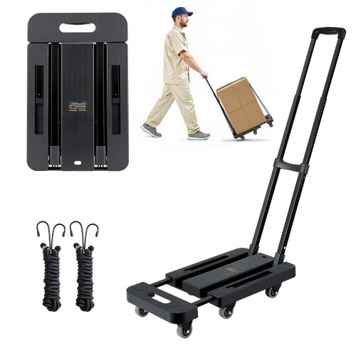 Carretilla de Mano Plegable, Carrito de Equipaje Plegable con 6 Ruedas, 2 Cuerdas Elásticas y Base Expandible Carga de 226,8 kg para Equipaje de Viaje, Aeropuerto, Oficina, Mudanza, Negro