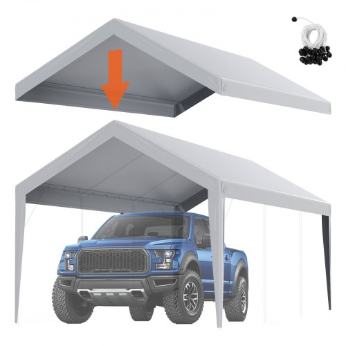 Cubierta de Repuesto para Toldo de Cochera de 610 x 304 x 85 mm, Refugio para Tienda de Campaña, Resistente al Agua y con Protección UV con Cuerdas Elásticas de Bolas, Gris, Marco NO Incluido