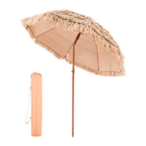 Sombrilla de Paja de PP 1,8 m, Sombrilla Tiki Inclinable con 8 Varillas Metálicas, Parasol Hawaiano Portátil y Plegable para Protección Solar, para Playa, Terraza, Jardín, Piscina, Patio