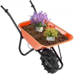 Carretilla eléctrica VEVOR, carretilla de jardín con motor de 500 W, capacidad de carga de 5 pies cúbicos y 330 libras, con manija de metal y ruedas de 16", carretilla de una rueda y carretas para césped