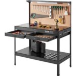 Banco de Trabajo Multifuncional 120x60 cm con Tablero de Trabajo, Tomas de Corriente, Estructura de Acero A3, 30 Ganchos y Puertos USB