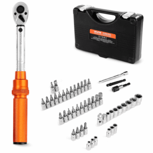 Juego de Llaves Dinamométricas de Clic Accionamiento de 1/4" 2,3 27,1 Nm 72 Dientes Escalas de Doble Dirección y Doble Rango con Puntas, Vasos, Adaptadores y Barra de Extensión, Naranja