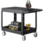 Carro Multiusos, Carro de Servicio de Plástico Resistente de 2 Estantes, 1180 x 650 x 865 mm, con Ruedas Giratorias de 360° (2 con Frenos), Carga de 250 kg, para Almacén, Garaje, Negro