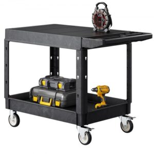 Carro Multiusos, Carro de Servicio de Plástico Resistente de 2 Estantes, 1180 x 650 x 865 mm, con Ruedas Giratorias de 360° (2 con Frenos), Carga de 250 kg, para Almacén, Garaje, Negro