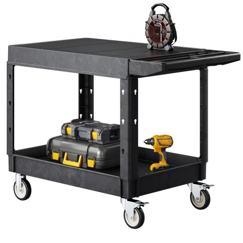 Carro Multiusos, Carro de Servicio de Plástico Resistente de 2 Estantes, 1180 x 650 x 865 mm, con Ruedas Giratorias de 360° (2 con Frenos), Carga de 250 kg, para Almacén, Garaje, Negro