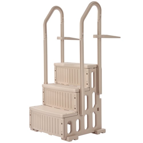 Escalera para Piscina, 3 Escalones con Pasamanos Dobles y Escalones Resistentes Antideslizantes, Interiores y Exteriores, Capacidad de Carga Máxima 181,4 kg, Gris Topo, 1500 x 820 x 670 mm