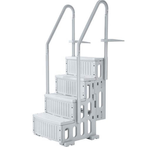 Escalera para Piscina, 4 Escalones con Pasamanos Dobles y Escalones Antideslizantes, Carga 181,4 kg, para Piscinas Enterradas y Elevadas con Superficie de Cubierta, Gris, 874 x 808 x 1985 mm