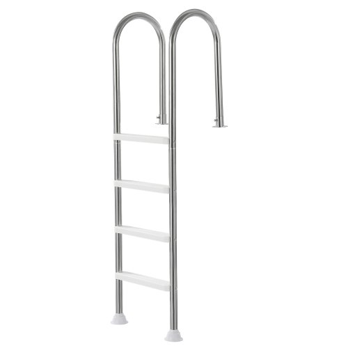 Escalera para Piscina, 4 Escalones con Pasamanos Dobles y Escalones, Acero Inoxidable, Carga de 120 kg, para Piscinas Enterradas con Plataforma Montada, 600 x 445 x 1825 mm, Plata + Blanco