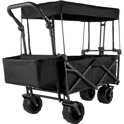 Carrito de Jardín Plegable de Transporte Playa, Carga 100 kg Carrito Plegable con Techo Extraíble, Negro Transporte Plegable de Playa Jardín con Toldo Cesta Giratorio 360 ° para Camping Pícnic
