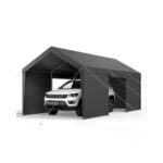 Cochera 3,05 x 6,09 x 2,87 m, Cochera Potable con Paredes Laterales y Puerta Desmontables, Marquesina para Coches Resistente a los Rayos UV y al Agua, para Automóviles, Embarcaciones, Gris