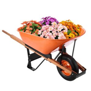 Carretilla de mano VEVOR, capacidad de carga de 6 pies cúbicos y 330 libras, carretilla de jardín de una rueda con manija de metal y ruedas de riel de 16" de ancho, carretilla de jardín de fácil carga y vagones para granjas de césped