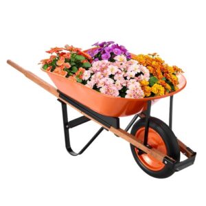 Carretilla para Jardín Carga de 120 kg Carro de Descarga con 1 Rueda de 40 cm y Asa Carro Utilitario de Fácil Carga Carrito para Césped al Aire Libre, Patio, Granja, Naranja y Negro
