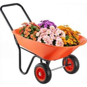 Carretilla para Jardín Carga de 180 kg Carro de Descarga con 2 Ruedas de 25,4 cm y Asa Carro Utilitario de Fácil Carga Carrito para Césped al Aire Libre, Patio, Granja, Naranja y Negro