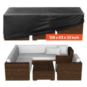 Funda para Muebles de Patio, 420D, Resistente, Impermeable, para Mesa de Comedor y Sillas de Exterior, Rectangular, Grande, con Ventilación a Todo Tipo de Clima, 320 x 150 x 71 cm, Negro