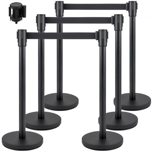 Postes para Control de Multitudes 6 Piezas Juego de Postes con Cinturón Retráctil Negro de 2 m Barrera de Control de Multitudes con Base de Hormigón y Metal, Montaje de Fácil Conexión